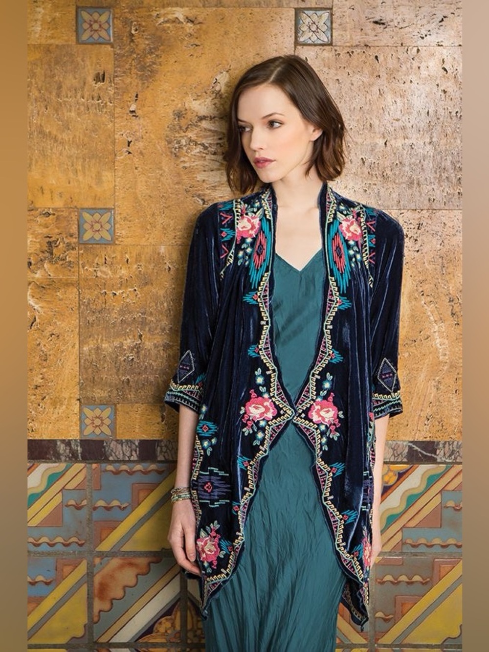 Johnny Was Embroidered Vixie Velvet Duster Kimono Coat Bishop Sleeve XS